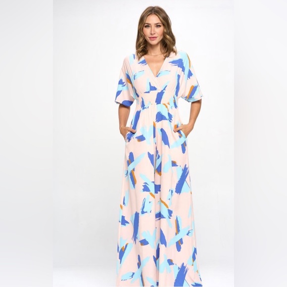 Women’s multi color wide leg Boho Jumpsuit with front pockets. S, M, L - Picture 5 of 5